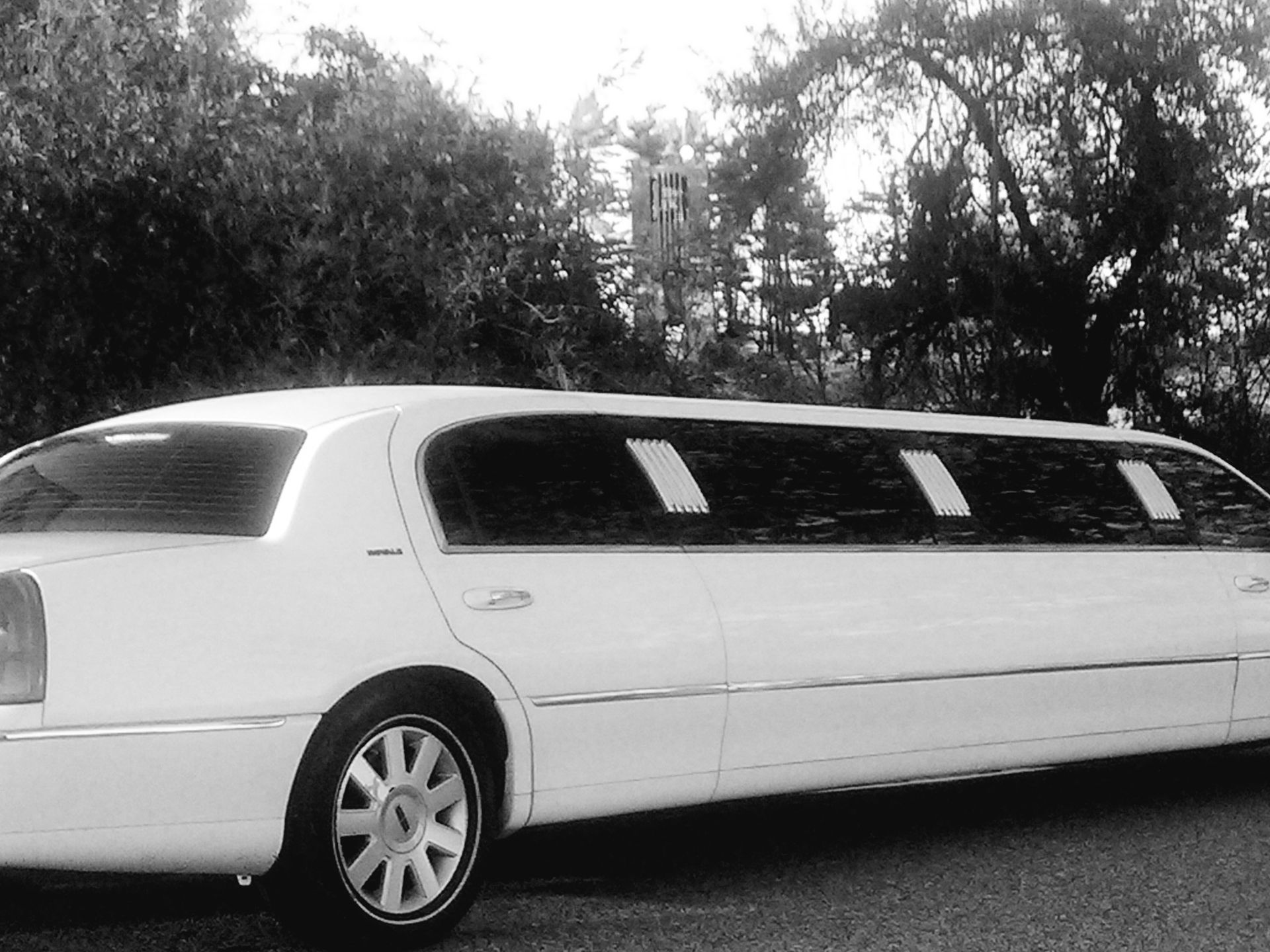 A long white limousine is parked on the side of the road.