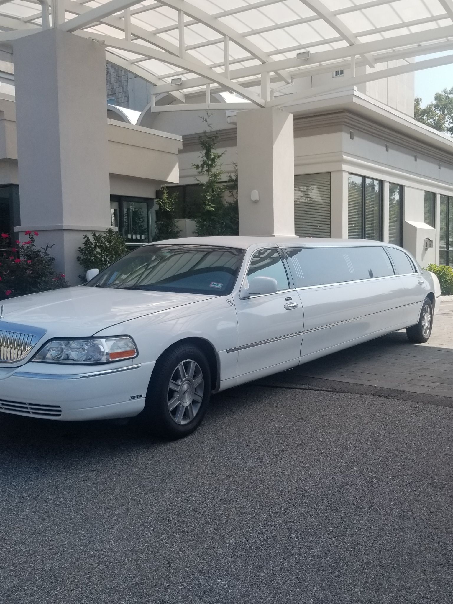 A white limousine is parked in front of a building.