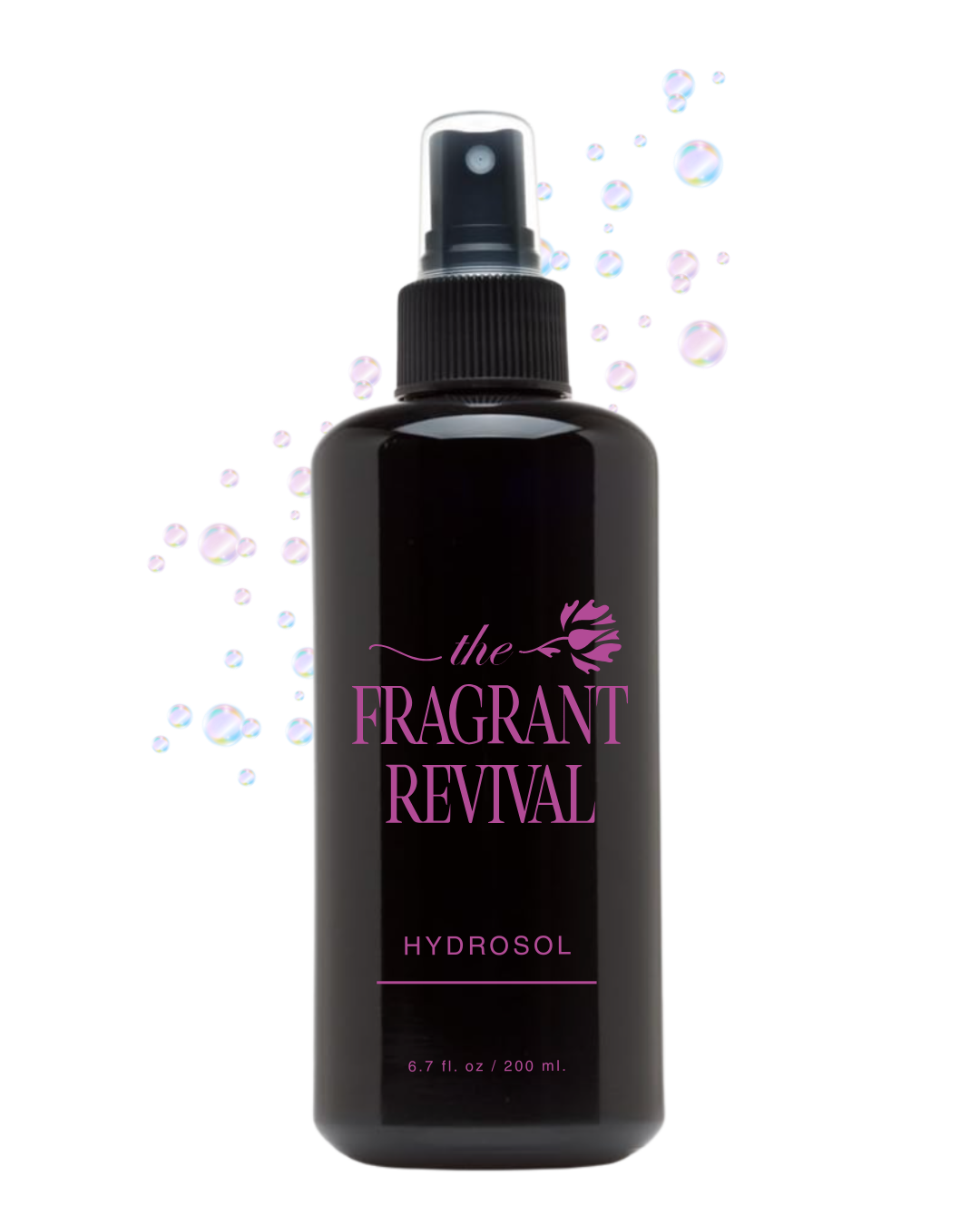 A black spray bottle with bubbles coming out of it on a white background.