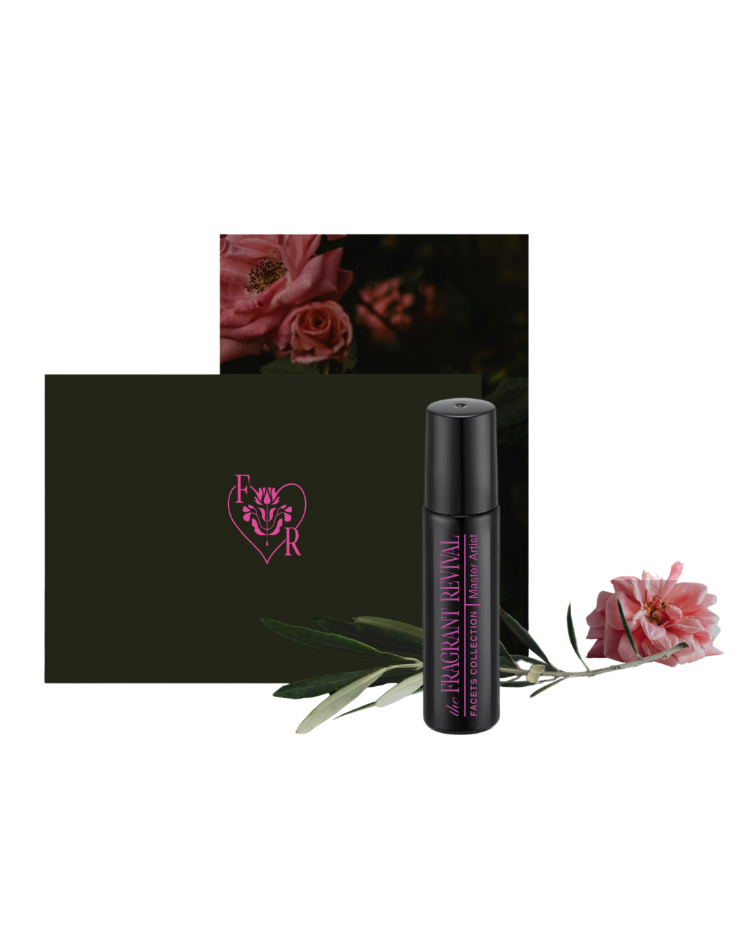 A black bottle of fragrance revival body oil on a white background.