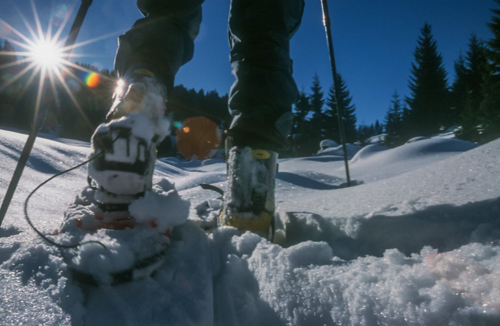 Eine Person fährt Ski im Schnee und ihre Füße sind zu sehen