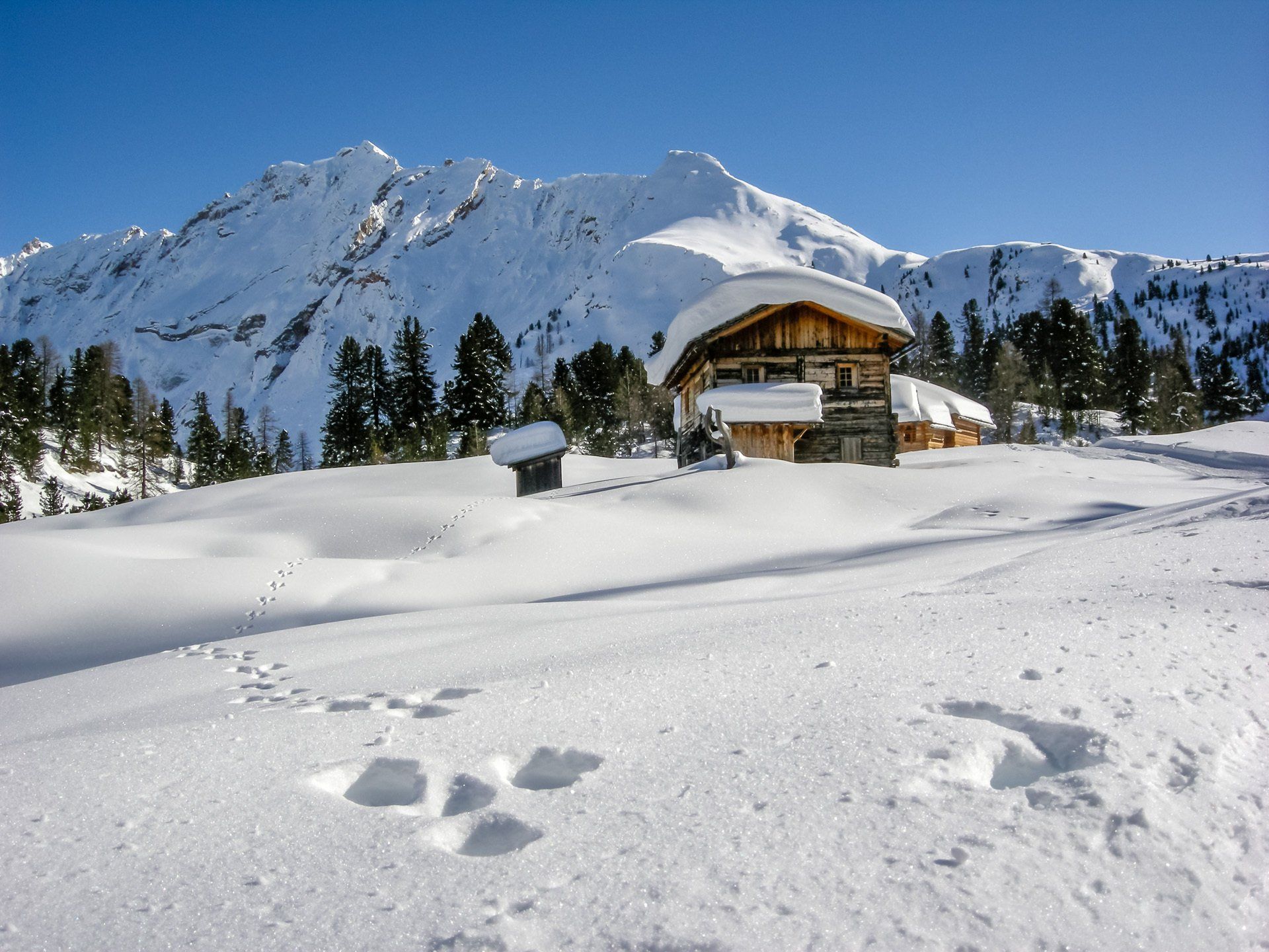 Ein schneebedeckter Berg mit einer Hütte im Vordergrund