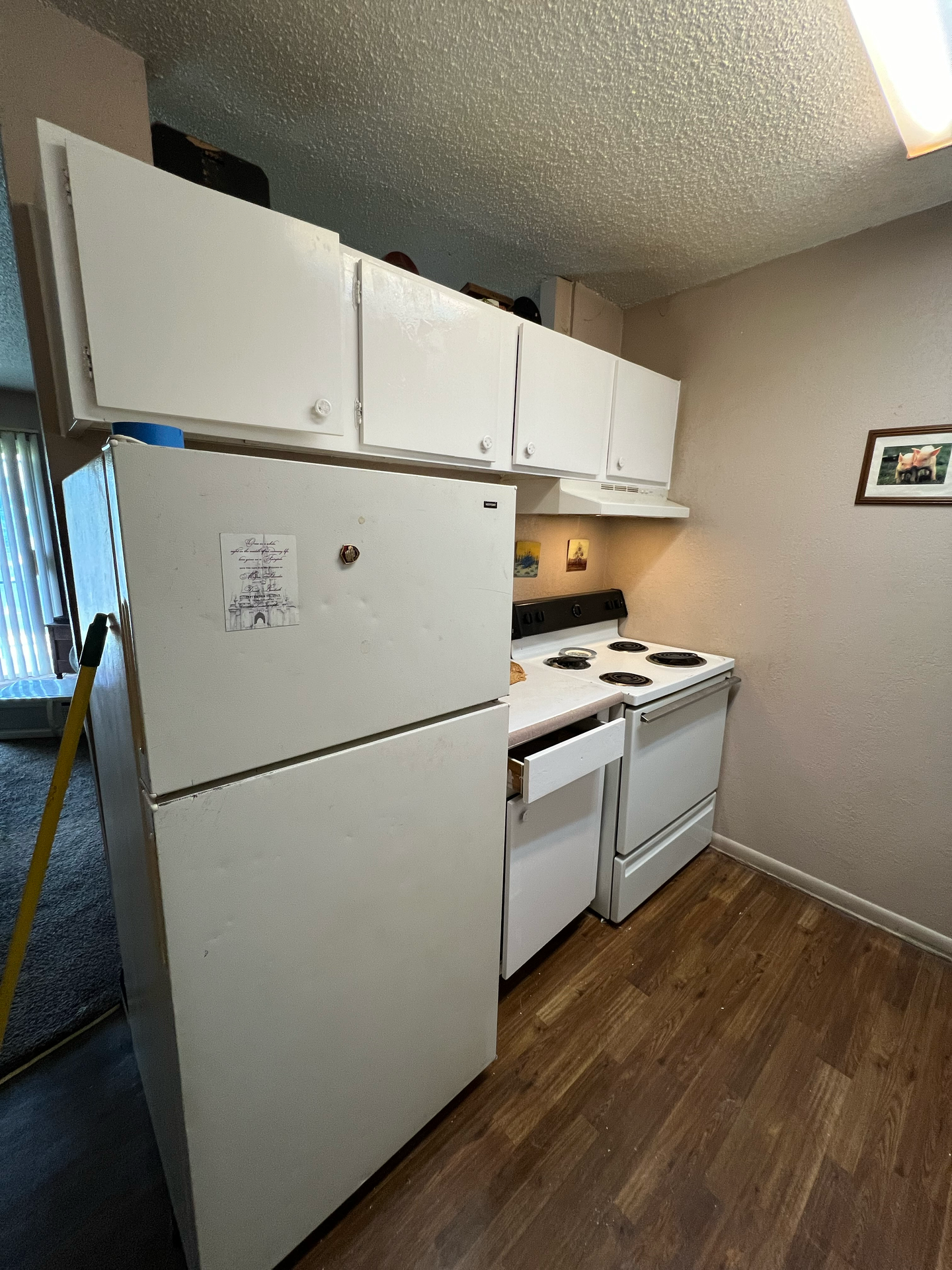 A kitchen with a refrigerator and stove and a picture on the wall
