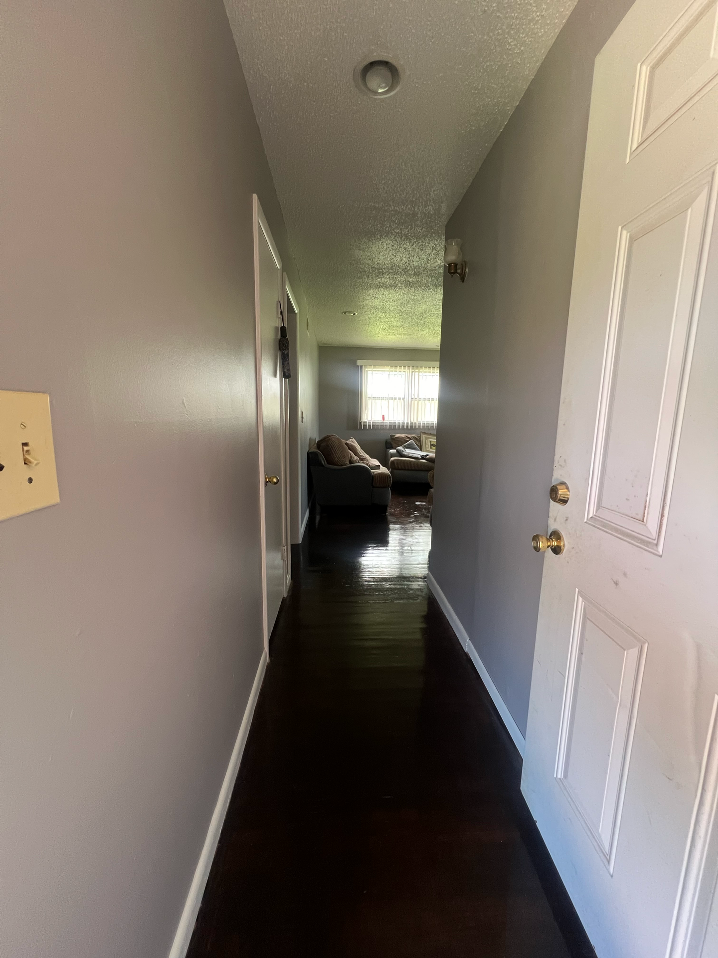 A long hallway leading to a living room in a house.