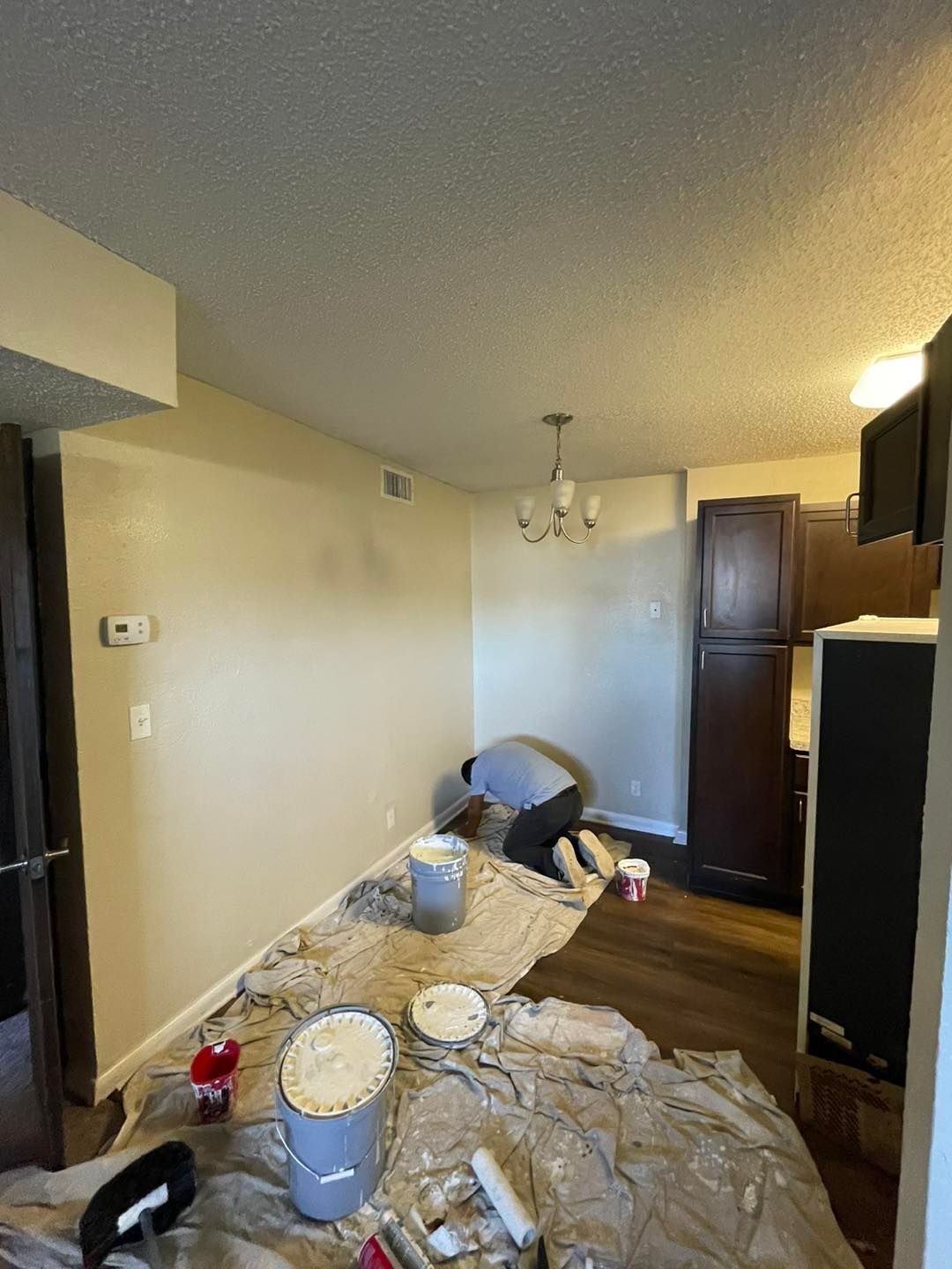 A man is painting a wall in a living room.