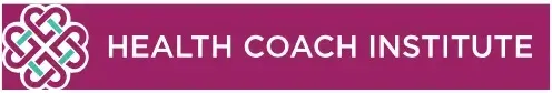 Logo for Health Coach Institute, with a floral-like design and text on a dark pink background.