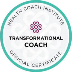 Health Coach Institute certificate: Teal and white circular badge with text and a heart-shaped symbol.