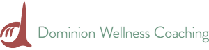 a logo for dominion wellness coaching with a hand holding a fork