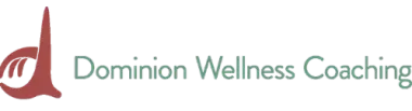 A logo for dominion wellness coaching with a red letter d on a white background.