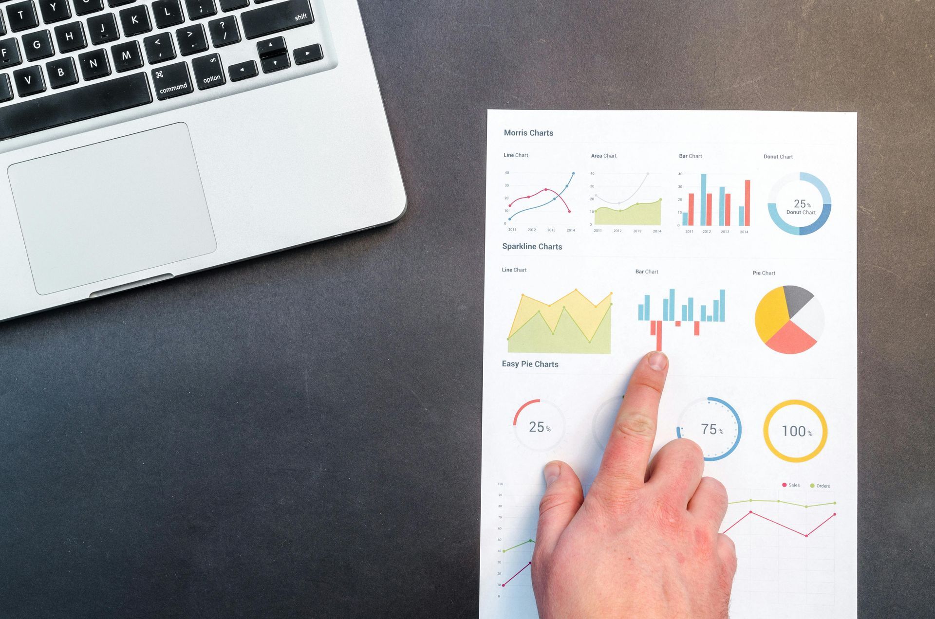 A person is pointing at a graph on a piece of paper.