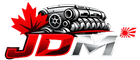 A logo reading "JDM" in bold text, featuring a mechanical engine, a Canadian maple leaf, and a Japanese rising sun flag.