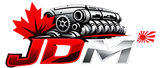 A logo reading "JDM" in bold text, featuring a mechanical engine, a Canadian maple leaf, and a Japanese rising sun flag.