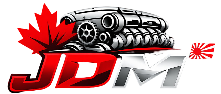A logo reading "JDM" in bold text, featuring a mechanical engine, a Canadian maple leaf, and a Japanese rising sun flag.