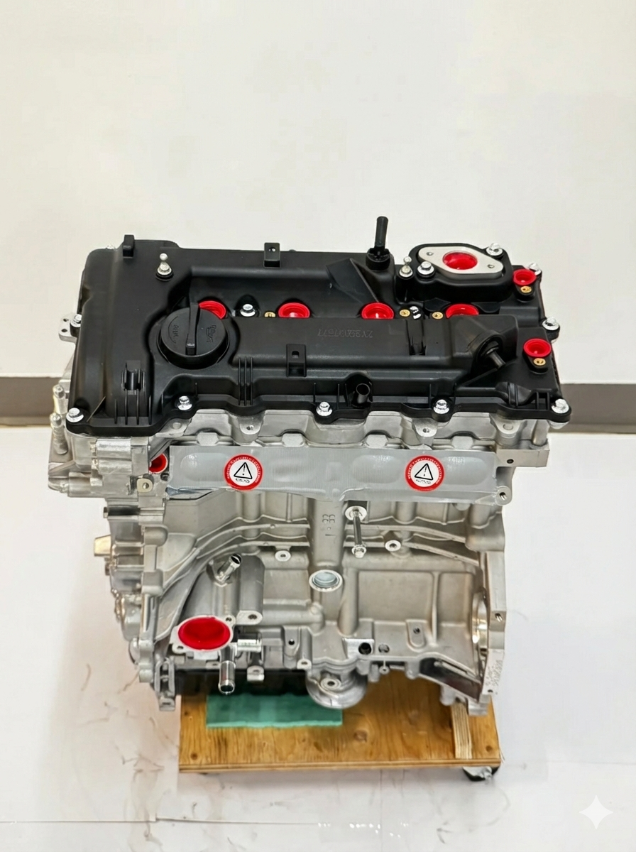 A new, silver automotive engine with a black valve cover and red protective shipping caps, resting on a wooden crate.