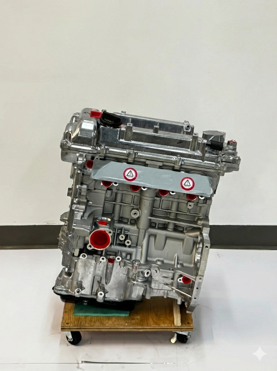 A silver car engine block sitting on a wooden furniture dolly against a white wall.
