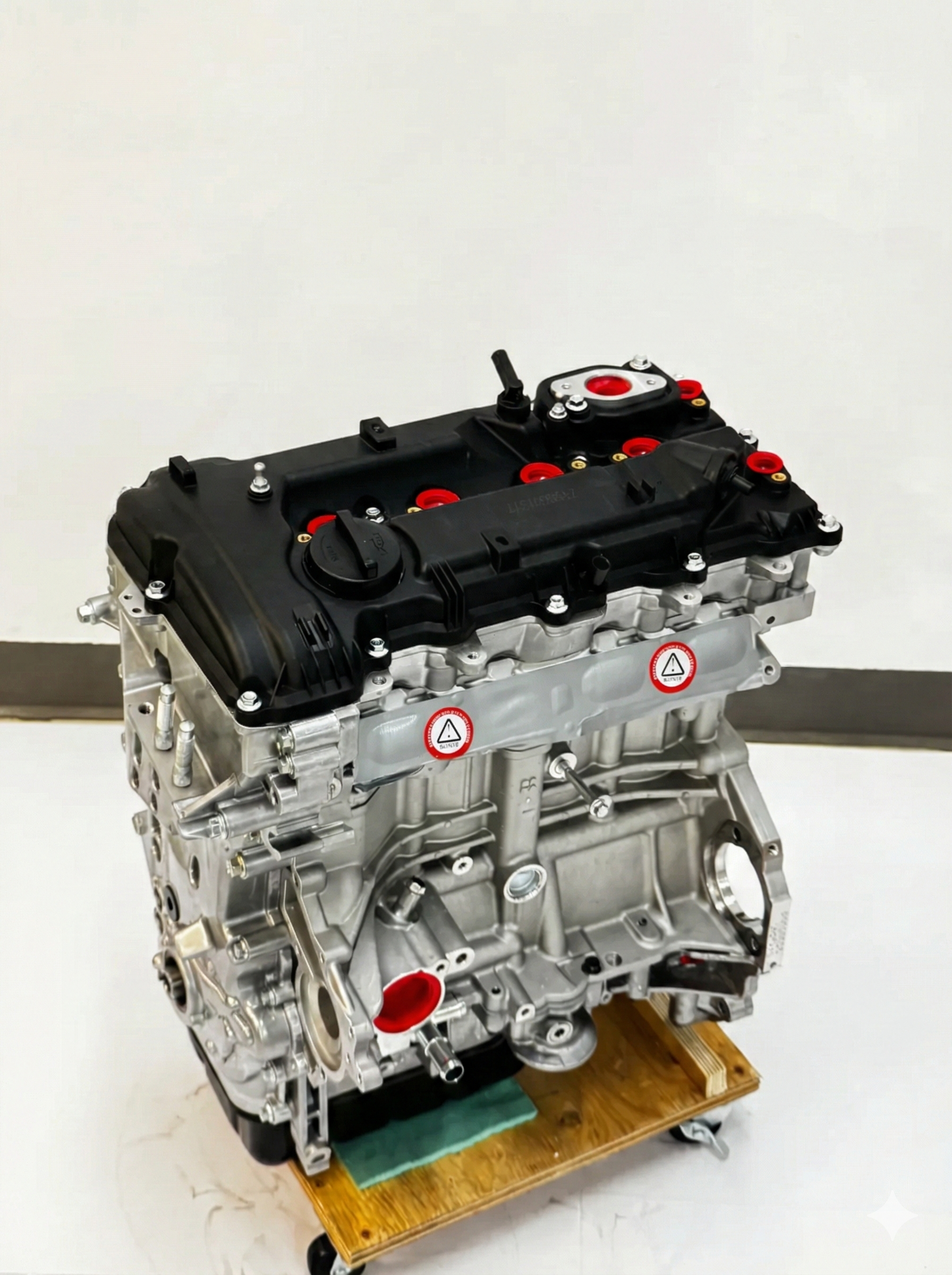 A silver automotive engine with a black valve cover, standing on a wheeled wooden dolly against a white background.