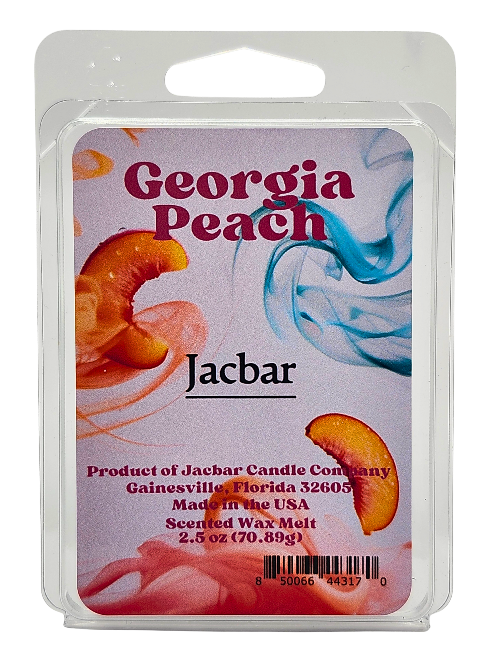 Georgia Peach scented wax melt package with peach and swirled color graphics.