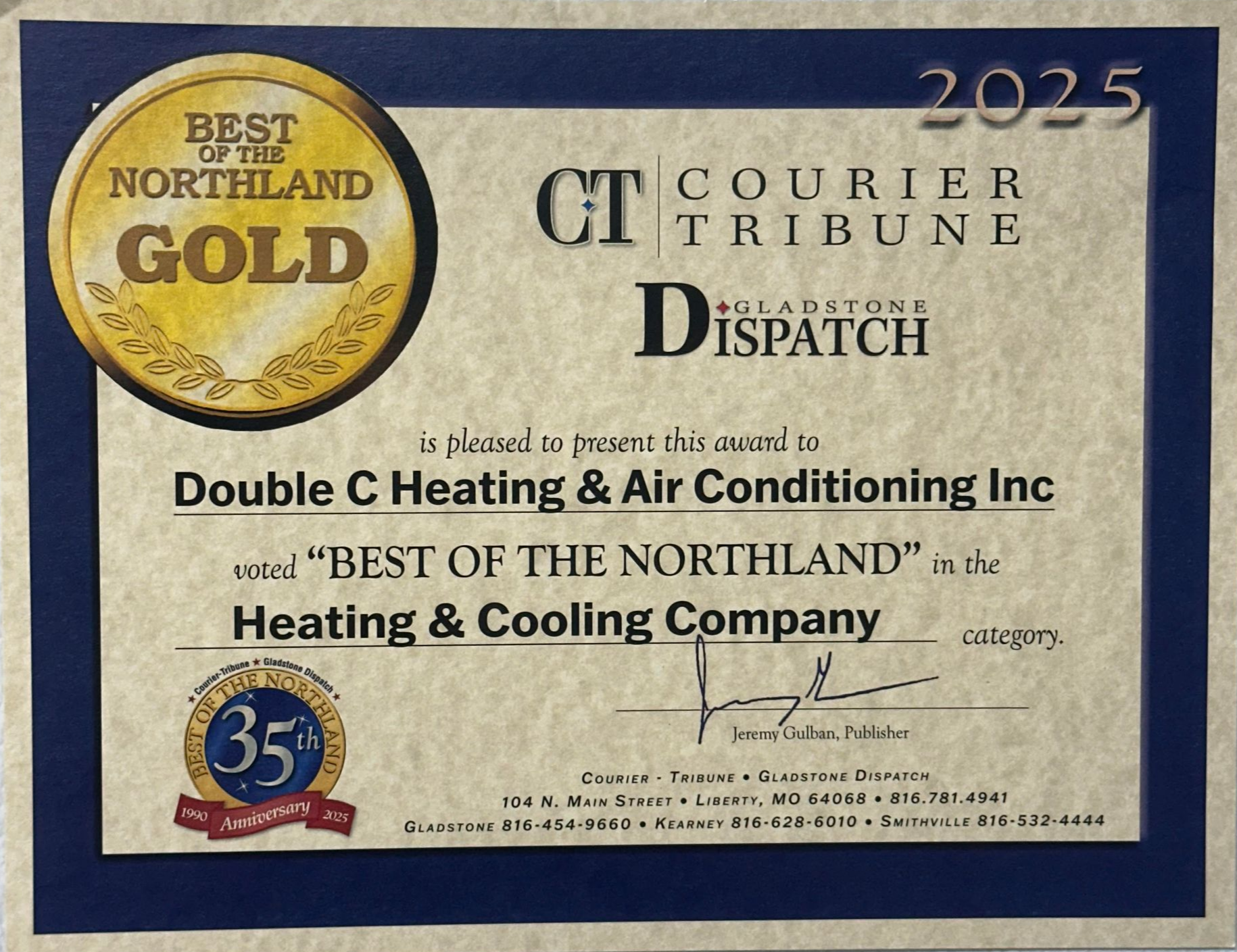 Certificate for Double C Heating & Air Conditioning Inc.