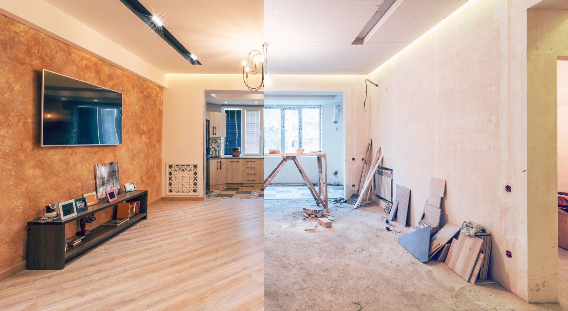 A before and after photo of a living room being remodeled.