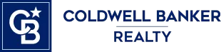 The logo for coldwell banker realty is blue and white