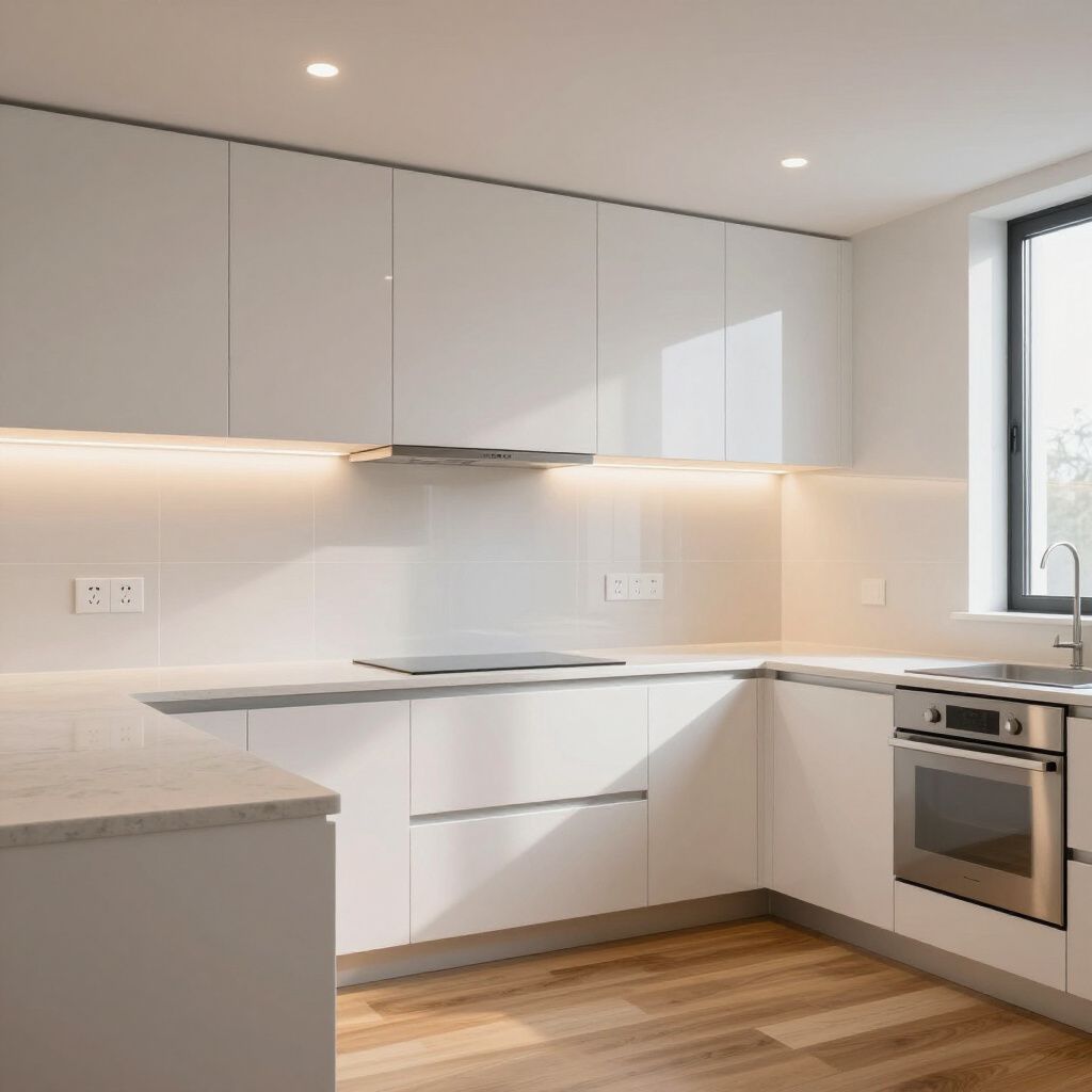 Modern white kitchen with stainless steel appliances, light wood floors, and a window.