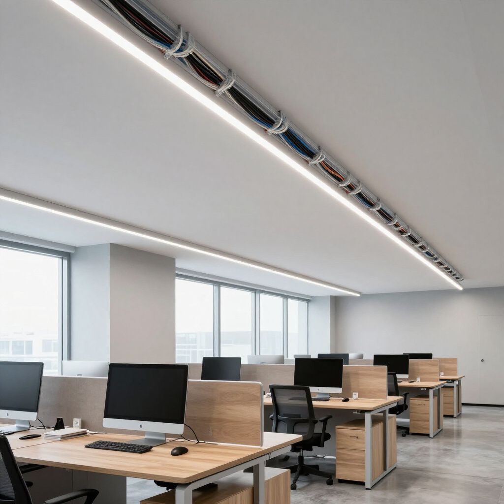 Office interior with desks, computers, and overhead lighting. Wires run along the ceiling.