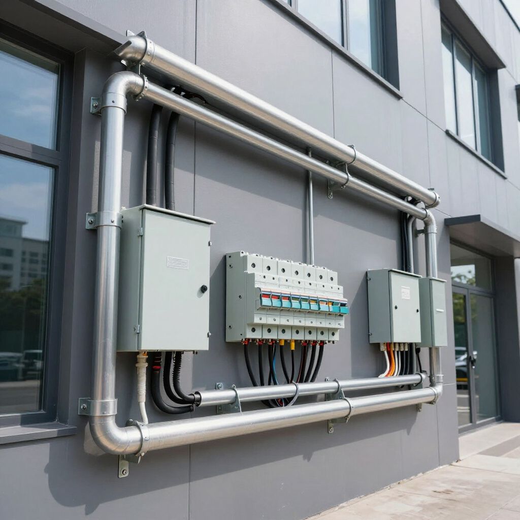 Electrical conduits and junction boxes mounted on a building exterior.