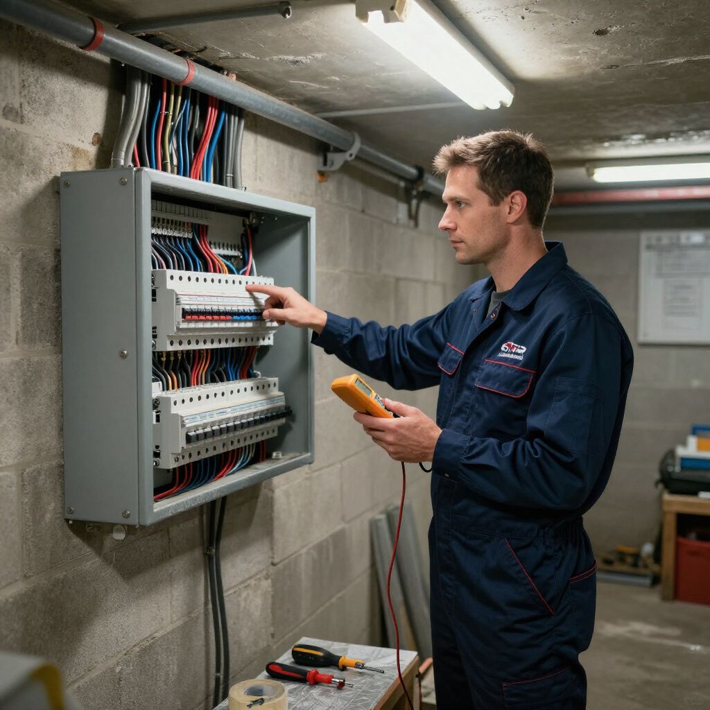 Electrician using a multimeter on a circuit breaker panel in a basement.