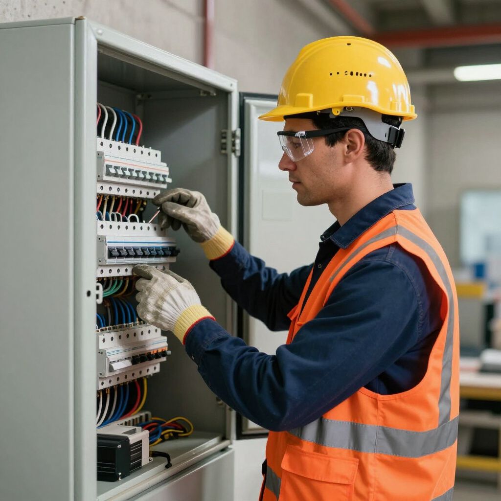 Electrician working on electrical panel, wearing safety gear and hard hat.