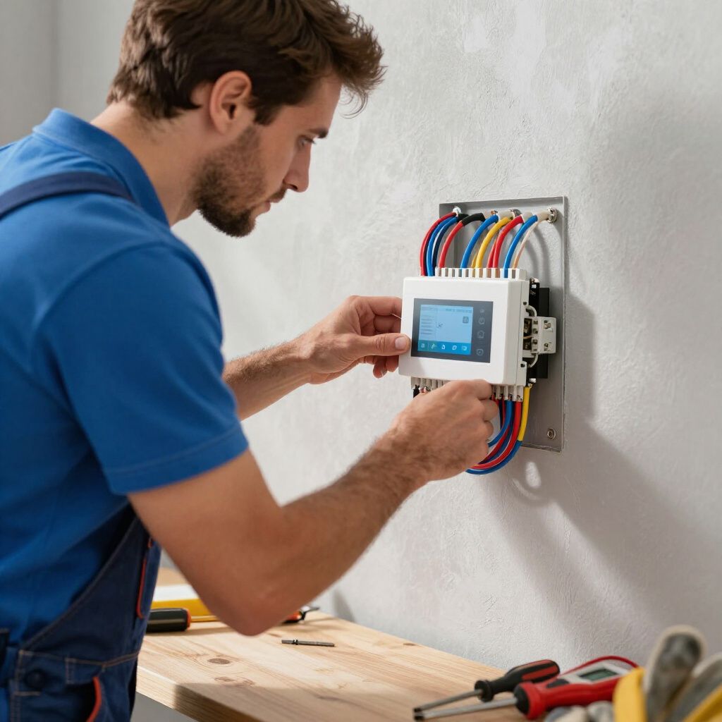 Electrician installing a white control panel with a screen on a wall, colorful wires connected.