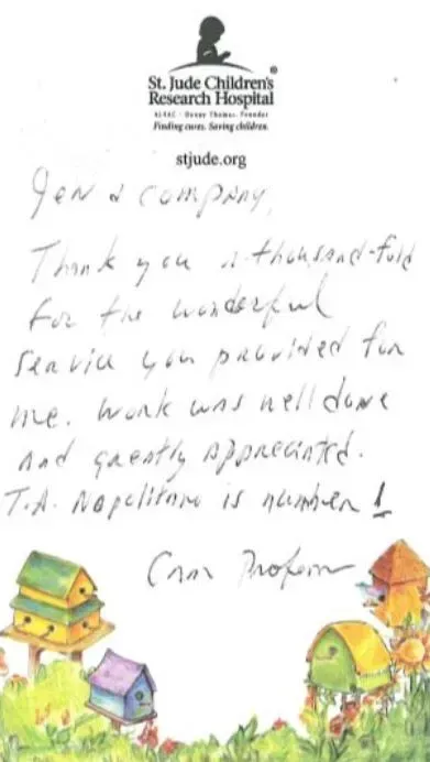 Handwritten thank you note on St. Jude Children's Research Hospital stationery.