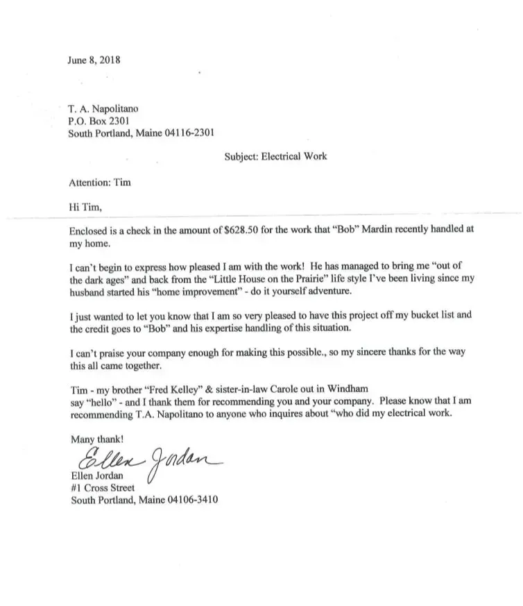 Letter from Ellen Jordan praising T.A. Napolitano's electrical work, mentioning 