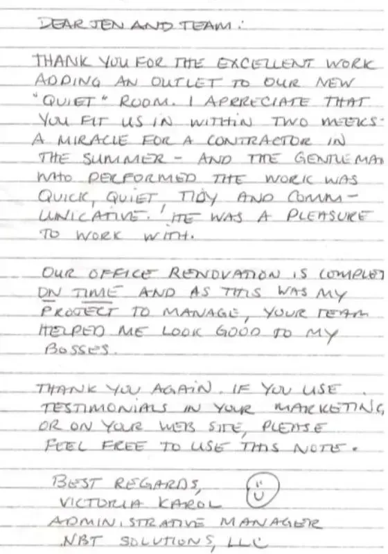 Handwritten thank you note to 