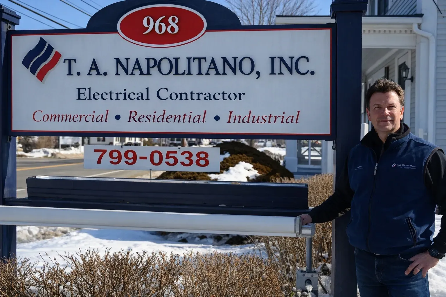 Man stands next to a sign for T.A. Napolitano, Inc., an electrical contractor, in front of a building.