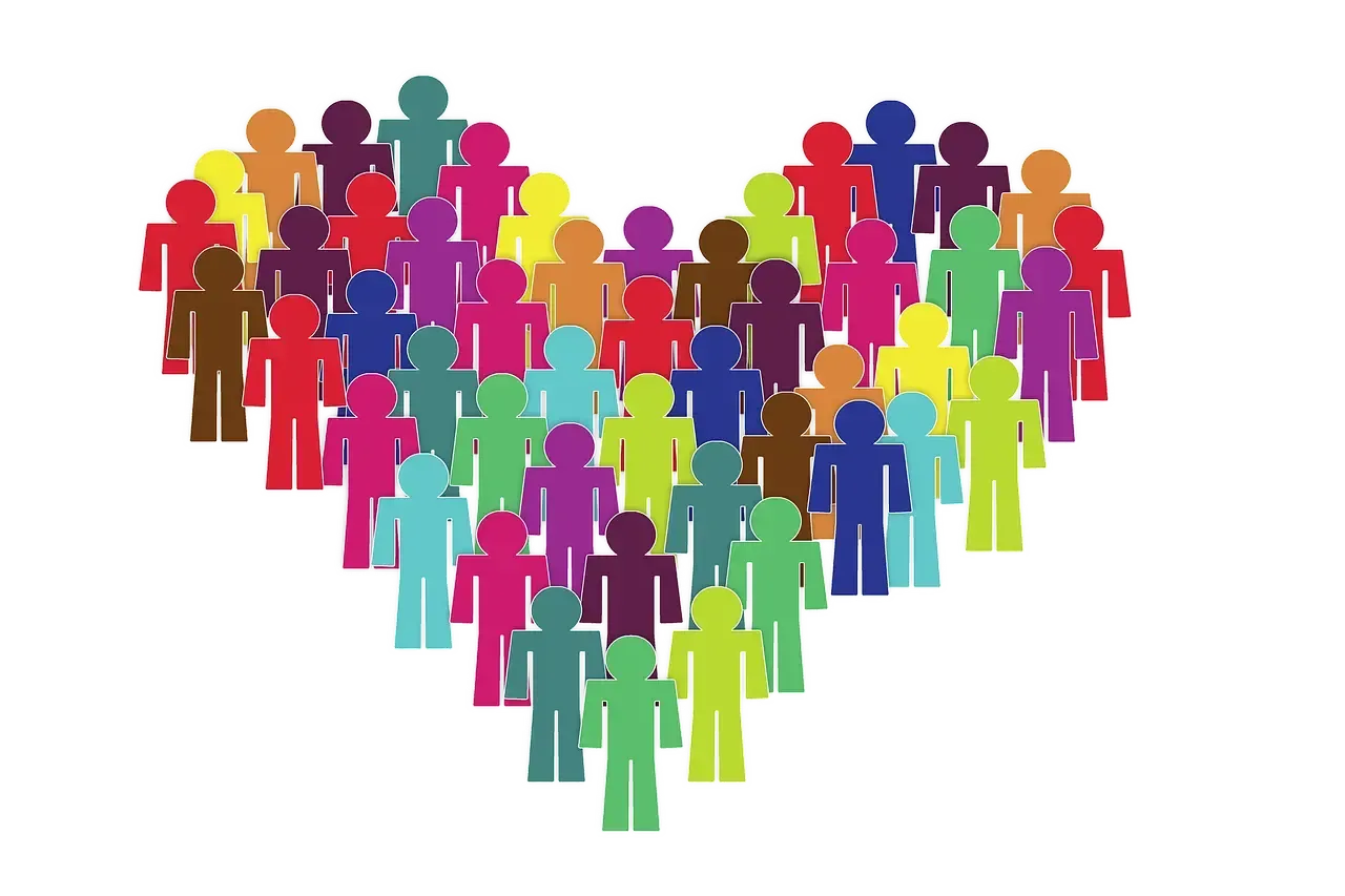 Colorful stick figure people arranged in a heart shape.