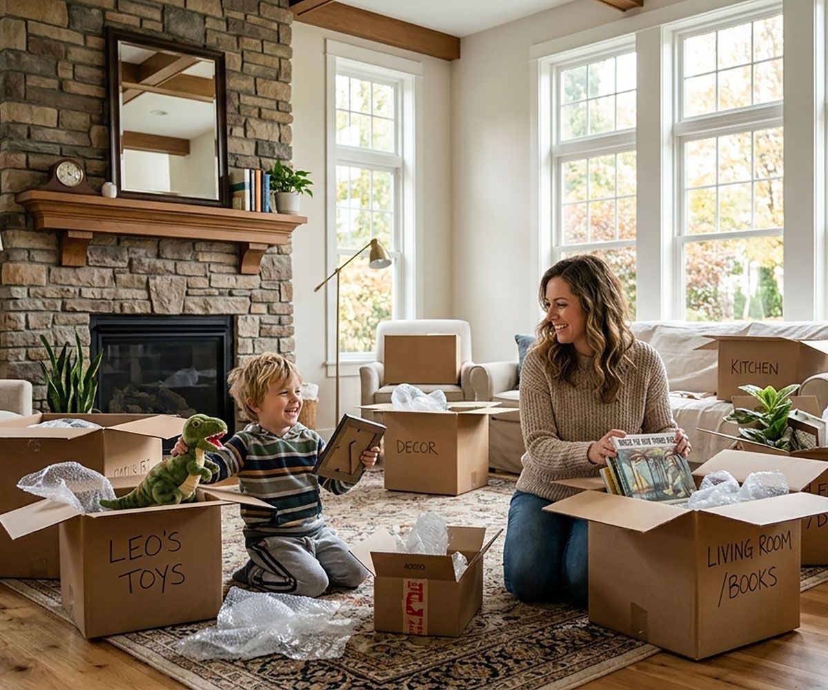Ohio mother and son unpacking boxes in their new home they used Infinity Title Agency for title and escrow closing services.
