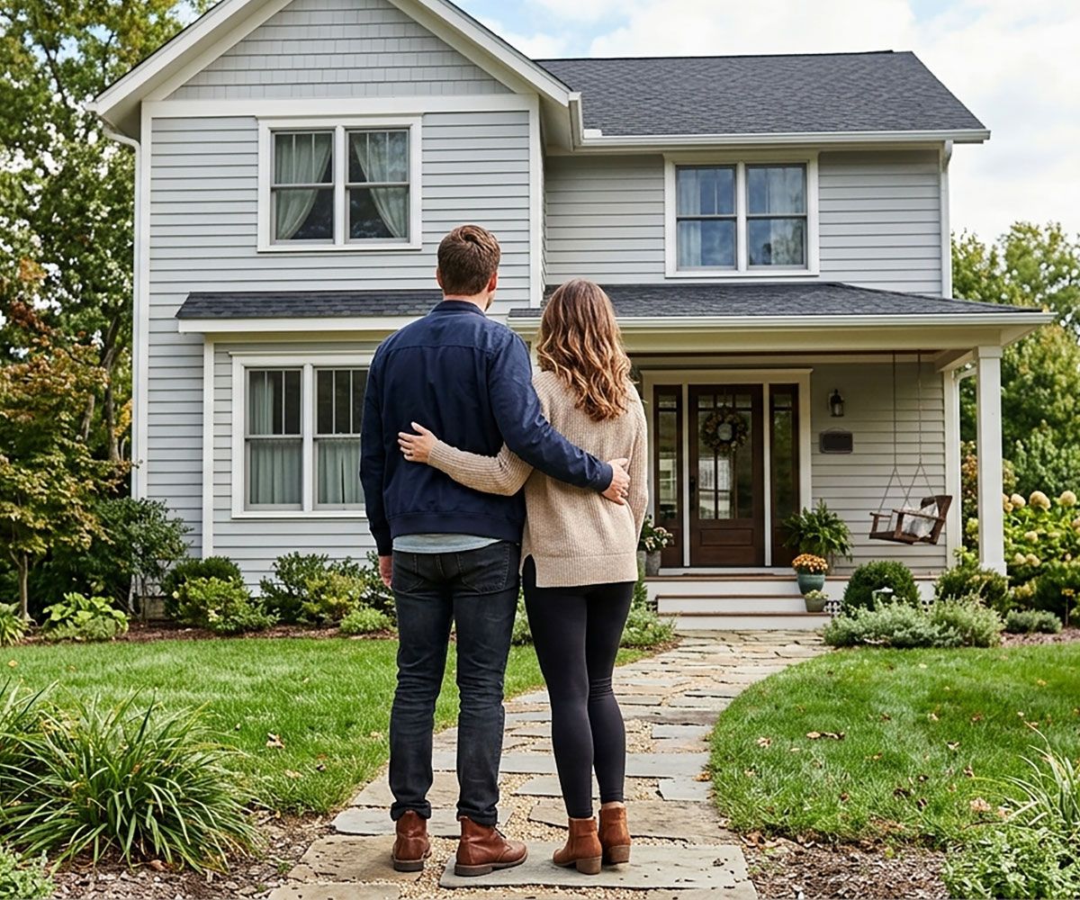 Man and woman standing in front of their new Northeast Ohio home after doing a Remote Online Notarization (RON) Closing with Infinity Title Agency.
