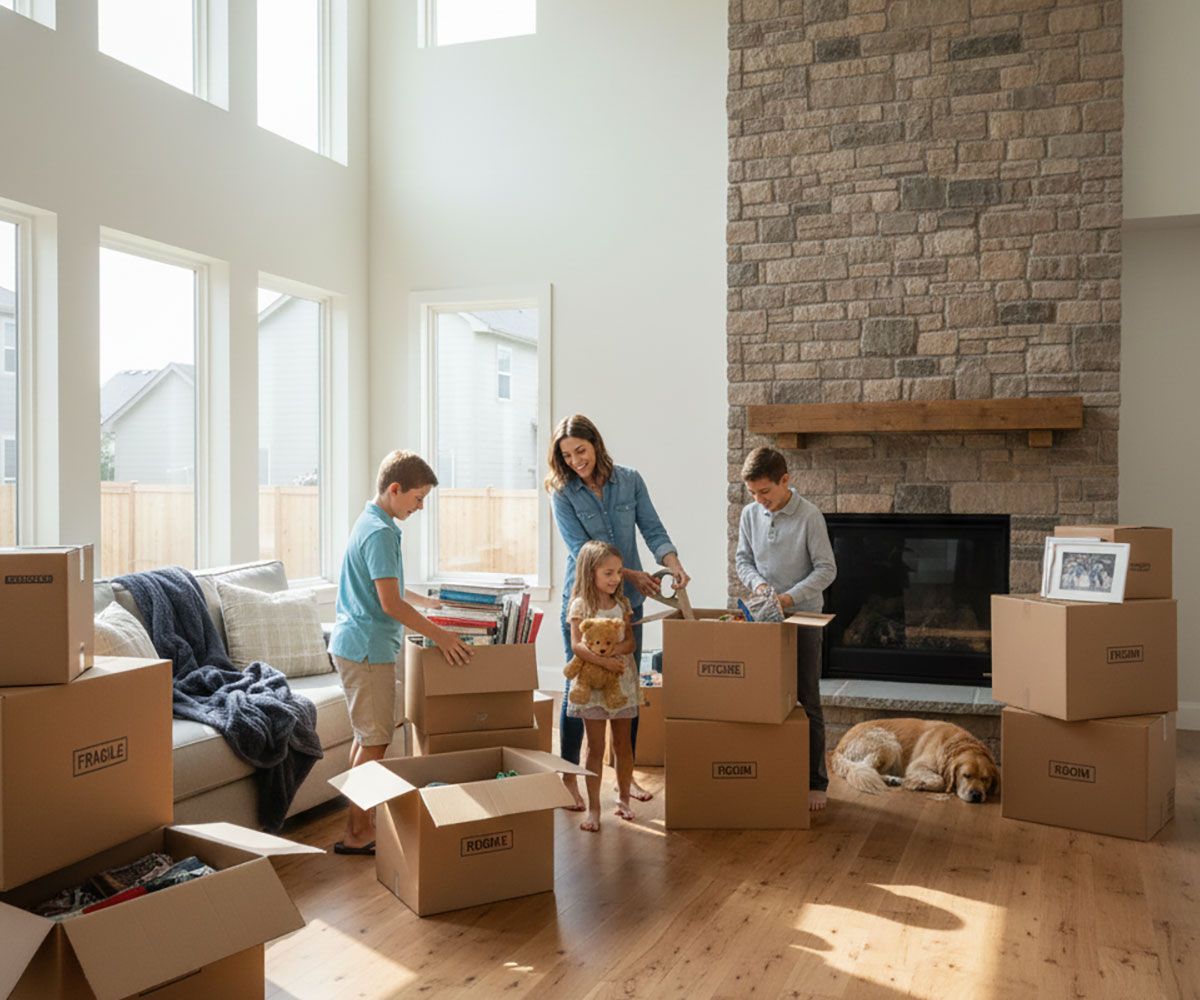 A family moving into their Northeast Ohio home after deed preparation services by Infinity Title Agency.