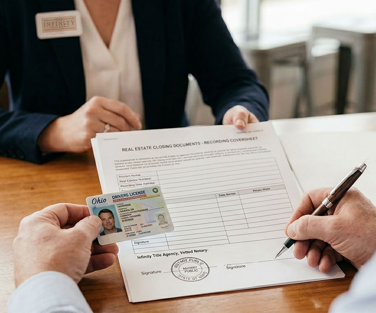 A man signing real estate closing documents for Infinity Title Agency of his Northeast Ohio during a Mobile Closing appointment in his home.