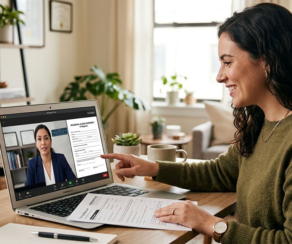 A young woman during her remote online notarization RON closing on her new Northeast Ohio home with Infinity Title Agency.