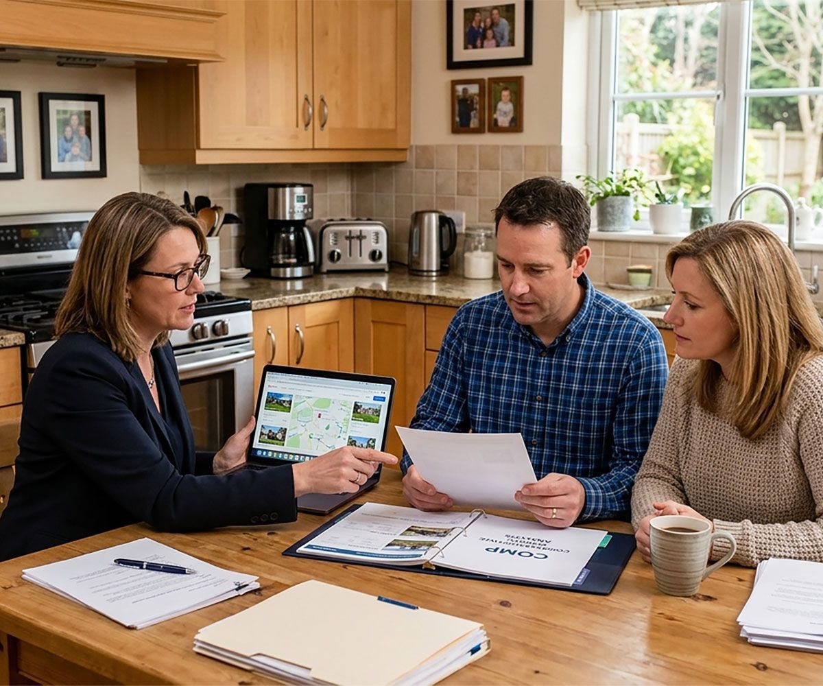 A man and woman sitting with their real estate agent looking at property comparison pricing of their Northeast Ohio home for which Infinity Title Agency will be the title and escrow closing company.