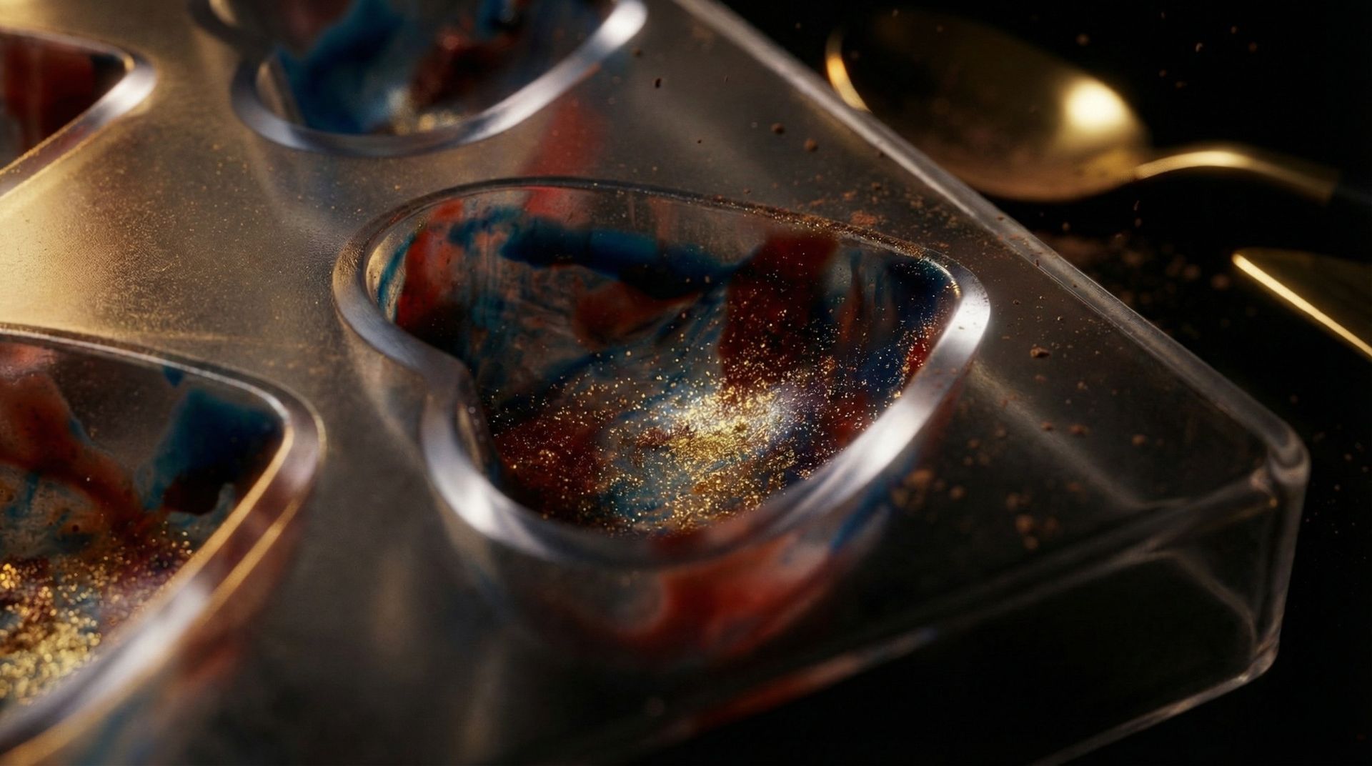 Decorated chocolate bonbon mold with cocoa butter colors