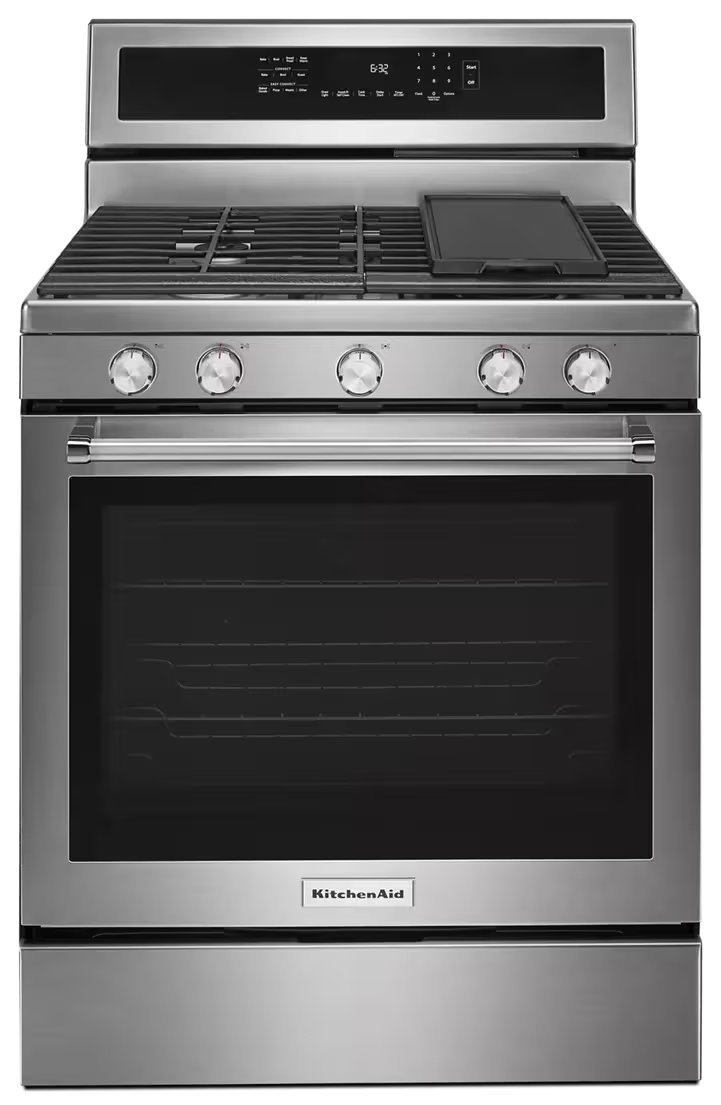Stainless steel KitchenAid gas range with oven and cooktop.
