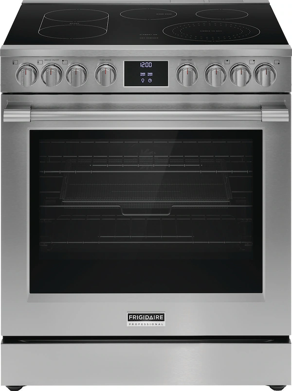 Stainless steel electric range with black cooktop and oven door.  Control knobs and digital display.