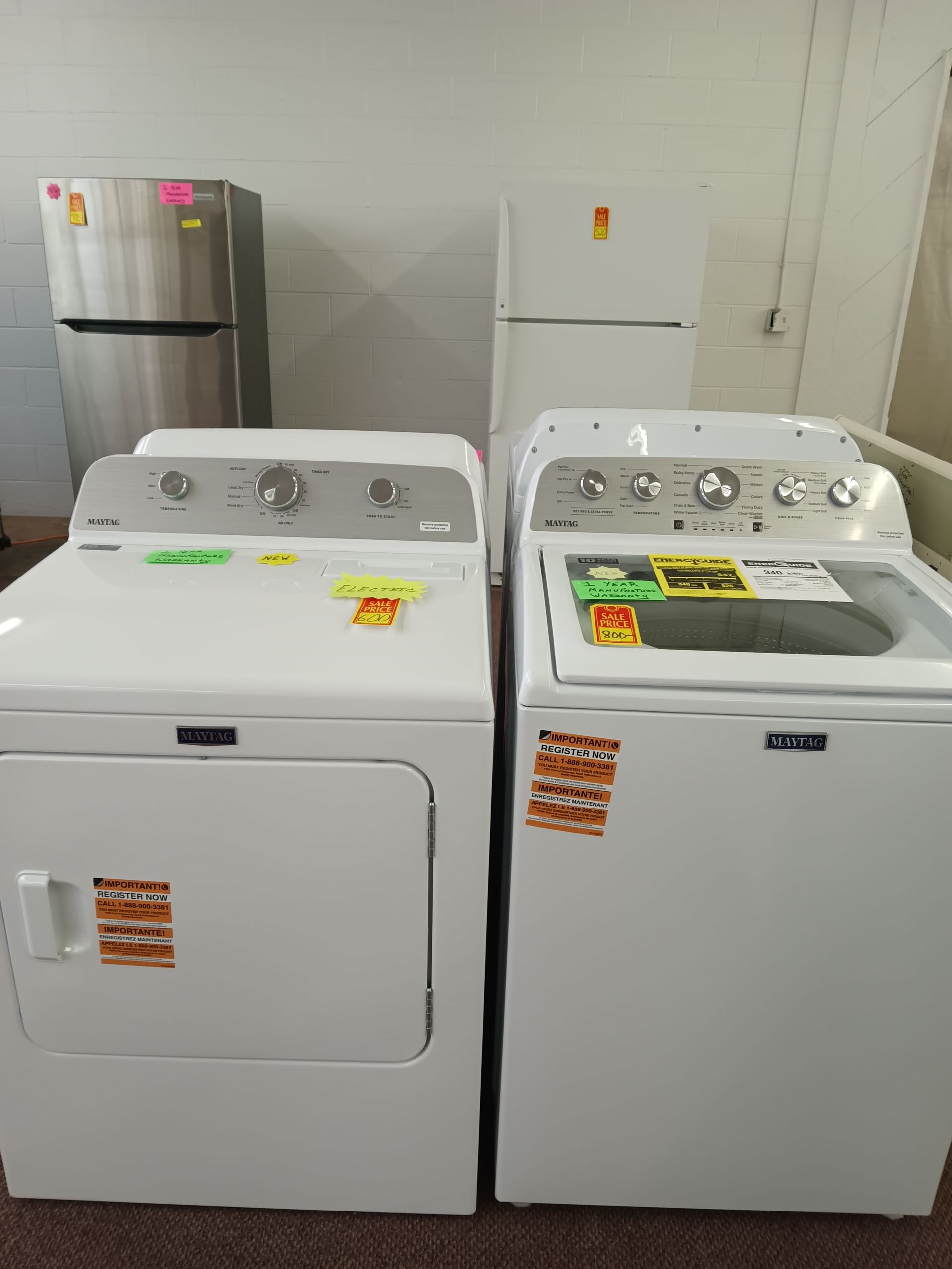 NEW Maytag Top Load Washer with Agitator 4.7CF and NEW Maytag Electric
Dryer Set; 1 Year Manufacture Warranty; $1400.00 as a set/ Washer $800.00,
Dryer $600.00 In Battle Creek