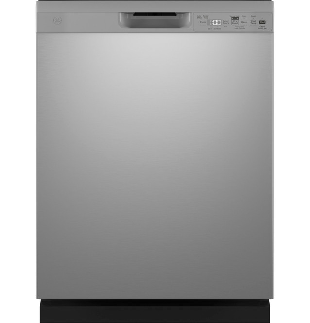 A stainless steel dishwasher is shown on a white background.