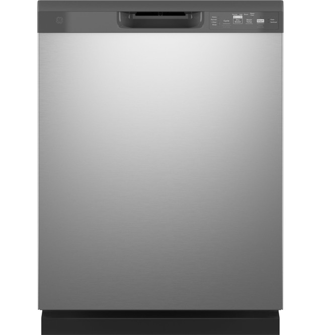 A stainless steel dishwasher on a white background