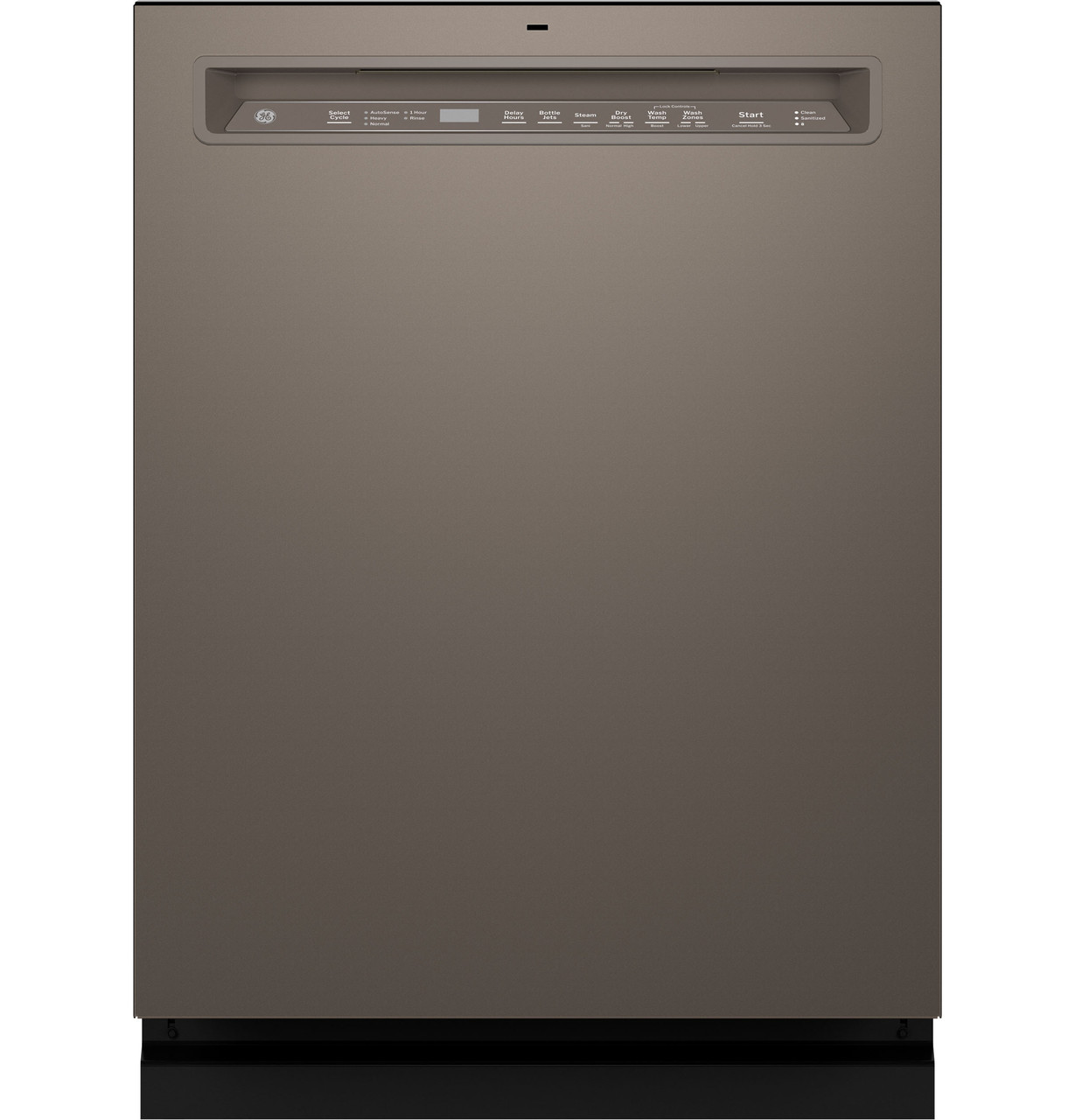 A stainless steel dishwasher is shown on a white background.