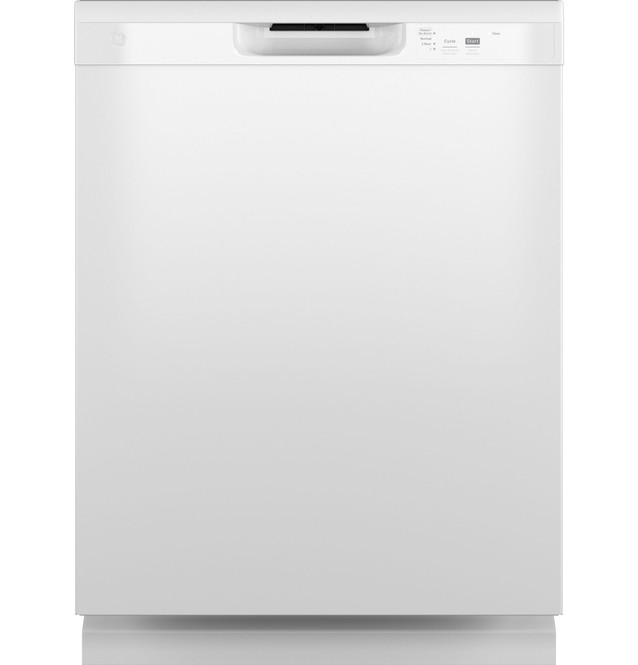 A white dishwasher is sitting on a white surface.