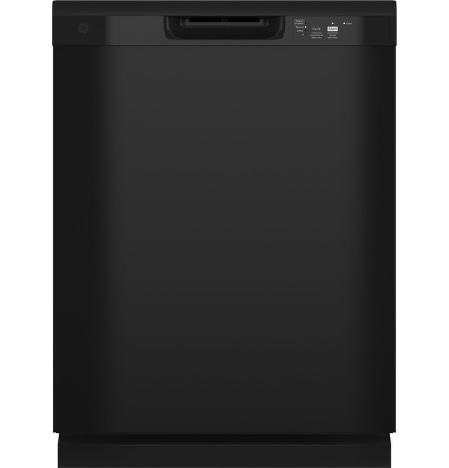 A black dishwasher is shown on a white background